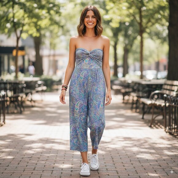 Lusana Melody Jumpsuit Blue Floral Size Small NWT - Picture 1 of 9